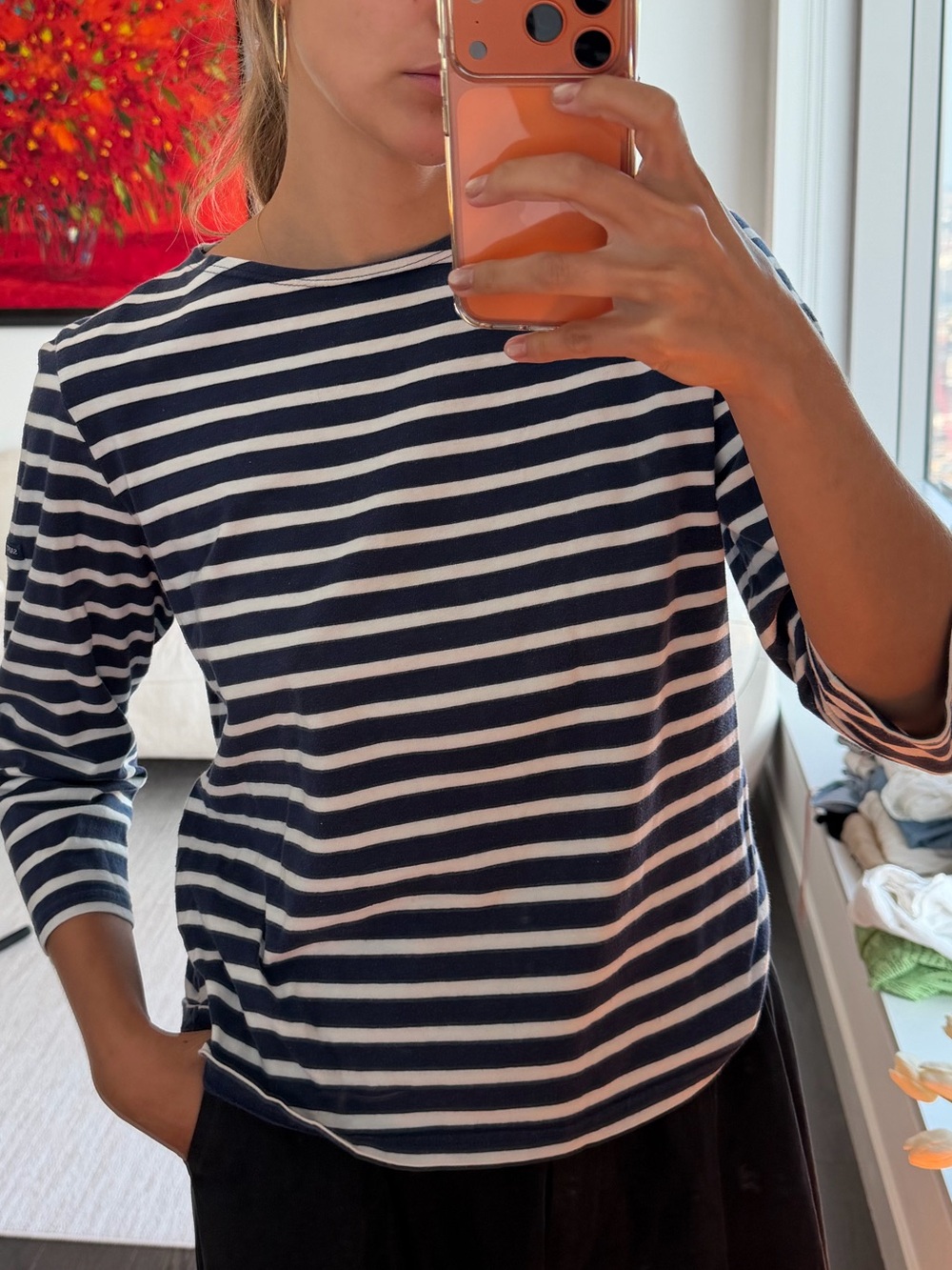 SAINT JAMES Navy & Ecru Striped Long-Sleeve Shirt
